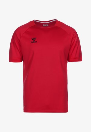Rotes Sporttrikot mit kurzen Ärmeln aus leichtem Stoff, mit Rundhalsausschnitt, Netzdetails und schwarzem Logo auf der Brust.