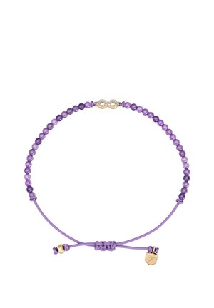 Lila Perlenarmband mit verstellbarem Band und goldenem Unendlichkeitssymbol-Anhänger, verziert mit kleinen Kristallen.