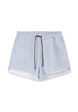 Shorts de bain rayés bleu et blanc avec une taille élastique, un cordon marron et une doublure intérieure blanche.