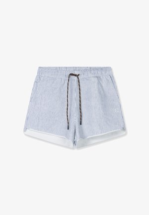 Bañador de rayas azul y blancas con cintura elástica, cordón marrón y forro interior blanco.