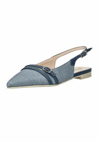 Blauwe gevlochten slingback platte schoen met puntige neus, lederen bandjes en een verstelbare zilveren gesp.
