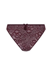 Burgunderfarbene Spitzenunterwäsche mit floralem Design, gewellten Kanten und einer Schleifenverzierung vorne, die eine zarte und durchsichtige Textur zeigt.