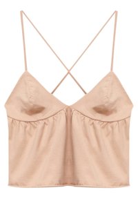 Top corto rosa pallido con spalline sottili e regolabili, materiale morbido, vita arricciata e coppe triangolari, caratterizzato da un design semplice e lineare.