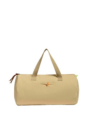 Sac cylindrique beige avec deux poignées en tissu, une petite poche avant avec un onglet orange et une fermeture éclair avec des tirettes en cuir.