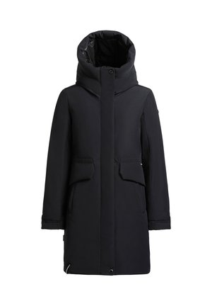 Must jaheparka kõrge krae ja avara kapuutsiga. Kahel esiküljel taskud ja sirge lõige. Sile tekstuur.