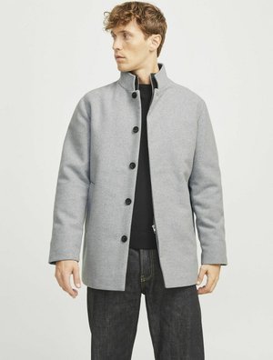 Palton dintr-un amestec de lână gri deschis, cu guler înalt, butoni negri și o formă bine definită. Asortat cu un pulover negru și blugi denim închis.