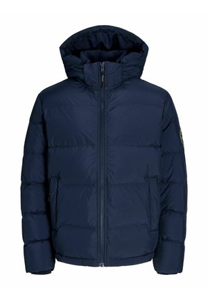 Navy puffer jacket featuring a zip closure, a hood, and horizontal quilted sections. Made of synthetic material with a smooth texture.