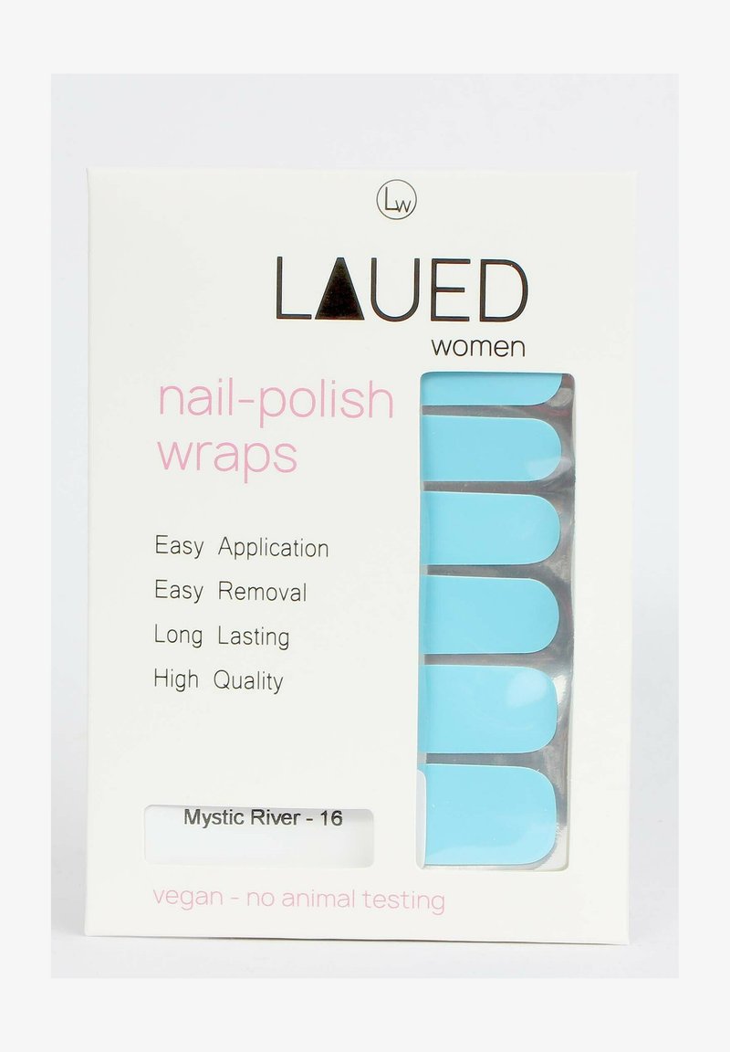 Wraps pour ongles LAUED pour femmes en bleu, étiquetés Mystic River - 16, avec les caractéristiques suivantes : application facile, retrait simple, longue tenue, haute qualité, véganes, sans tests sur les animaux.