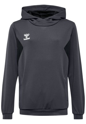 Donkergrijze hoodie van gemêleerd stof. Beschikt over een kangaroo-pocket, een capuchon met trekkoord en contrasterende zwarte zijpanelen. Witte logo op de borst.