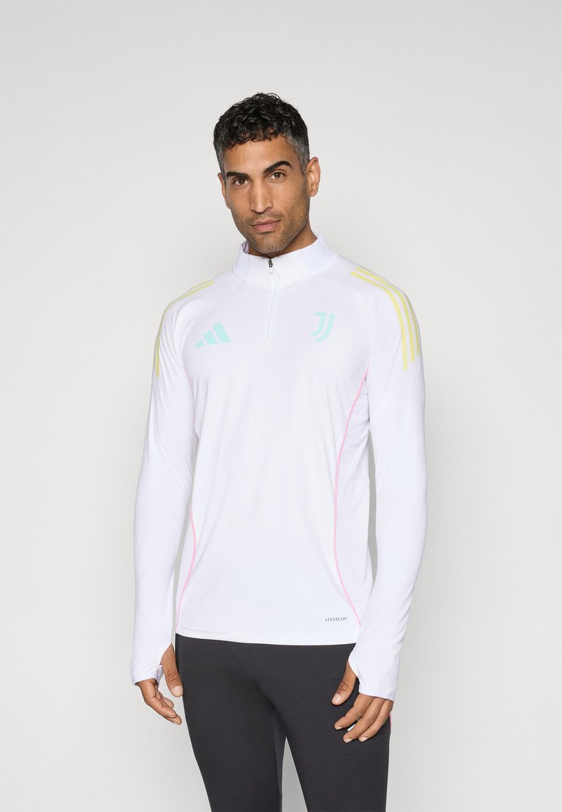 Witte lange mouwen atletische top met een kwart-rits, voorzien van mintgroene en gele accenten, een gladde textuur en een slanke pasvorm.