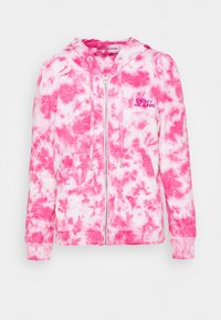 Felpa con zip e cappuccio in tie-dye rosa e bianco, con tasche frontali e polsini a costine. Logo "DKNY Jeans" sul lato sinistro del petto. Tessuto morbido.