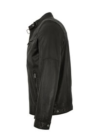 Schwarze Lederjacke mit durchgehendem Reißverschluss, Druckknopfkragen und seitlichen Reißverschlusstaschen. Glatte Textur mit taillierter Passform.