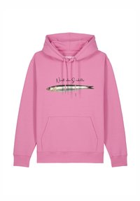 Roze hoodie met een buidelzak, koordjes en een bedrukte visontwerp met de tekst "Niedliche Sardelle."