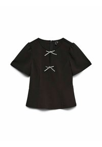 Czarna bluzka z krótkim rękawem i bufkami, ozdobiona dwoma szarymi kokardkami z przodu oraz zamkiem z tyłu. Gładka tekstura materiału.