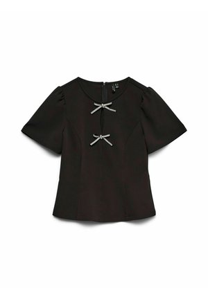 Črna bluzica s kratkimi rokavi in napihnjenimi rokavi, ki ima spredaj dve okrasni sivi pentlji in zadrgo na hrbtu. Gladek material.