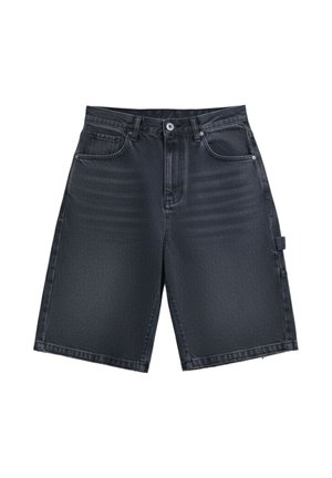 Sorte denimshorts med forlommer, knap- og lynlåslukning, bæltestropper og en praktisk sidelomme på højre ben.
