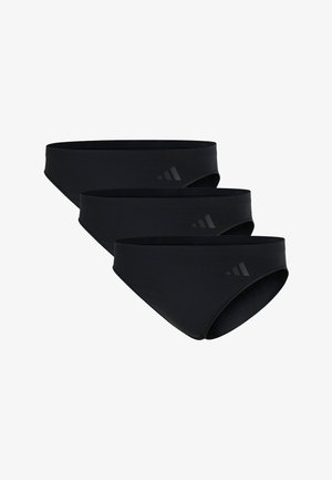 Black bikini briefs, made of smooth fabric, featuring a low-rise design, solid color, and subtle logo detail on the front.