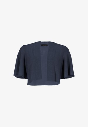 Lyhyt, tummansininen takki, jossa on leveät hihat ja litteä kaulus. Materiaali on teksturoitua kangasta, ja siinä on avoin etuosa ilman kiinnityksiä.