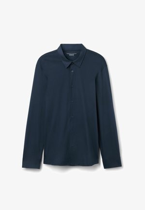 Donker marineblauw langarm overhemd met knoopsluiting, gemaakt van premium katoen, met een klassieke kraag en een rechte zoom met knoopmanchetten.