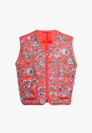 Chaleco acolchado en un vibrante color coral con un estampado floral colorido. Presenta cremallera frontal, dos bolsillos y un escote redondeado. Tela suave y acolchada.