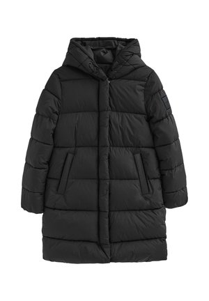 Schwarzer Daunenmantel mit Kapuze, gestepptem Design, vorderen Taschen und einem durchgehenden Reißverschluss. Hergestellt aus synthetischem Material mit einer weichen Textur.