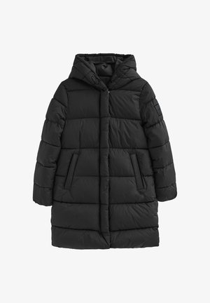 Schwarzer Daunenmantel mit Kapuze, gestepptem Design, vorderen Taschen und einem durchgehenden Reißverschluss. Hergestellt aus synthetischem Material mit einer weichen Textur.