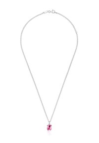 Collana con catena argentata con un pendente a forma di orso in gemma rosa, che mette in risalto una finitura lucida e un design dettagliato dei collegamenti.