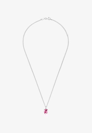 Silver chain necklace featuring a bear-shaped pink gem pendant, highlighting a glossy finish and intricate link design.