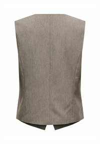 Aizmugures skats uz pielāgotas pelēkas vilnas veste ar vieglu herringbone modeli un nelielu V formas ventcijā apakšmalā.