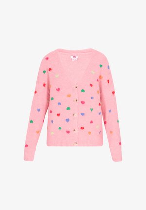 Roosa sveter V-kaelusega, millel on mitmevärvilised südame mustrid ja viis puidust nööpi ees. Pehme, tekstuuriga kudum.