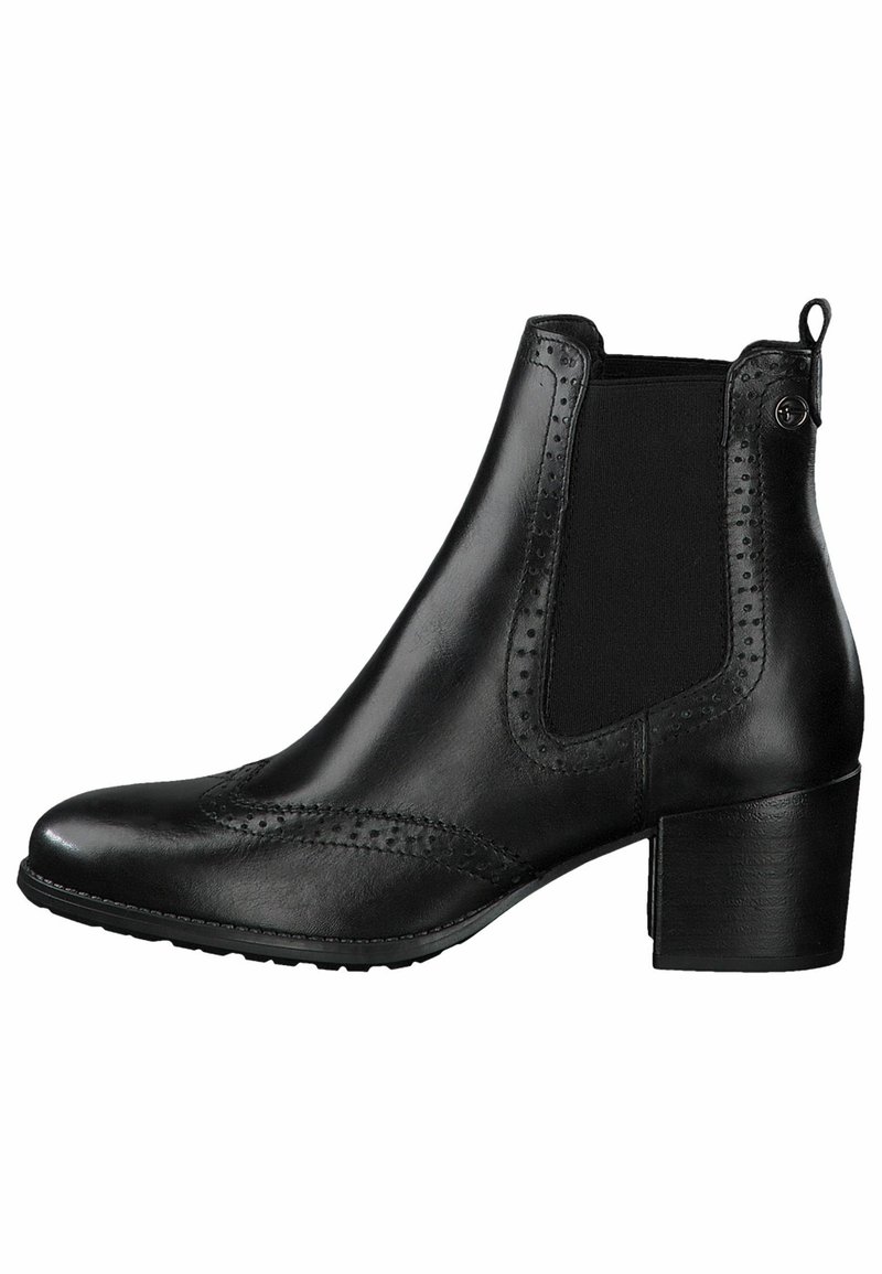 Bottine noire en cuir avec talon bloc, panneau latéral élastique, détails brogue et languette à l'arrière.