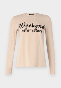 Beige Langarm-T-Shirt mit "Weekend Max Mara" in schwarzer Schreibschrift auf der Brust, Rundhalsausschnitt und normaler Passform.