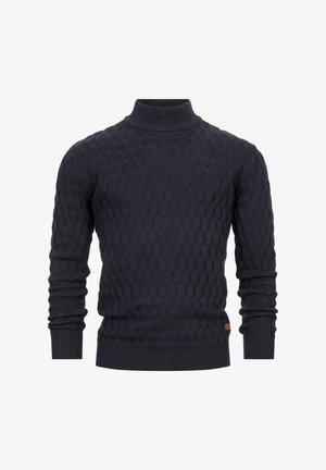 Dunkelblauer gestrickter Pullover mit hohem Kragen, der ein strukturiertes, wellenförmiges Muster aufweist. Er hat lange Ärmel sowie gerippte Bündchen und Saum.