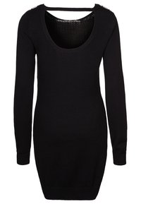 Abito nero lavorato a maglia con maniche lunghe, scollatura arrotondata e schiena scoperta. Presenta dettagli ornamentali sulle spalle e una silhouette aderente.