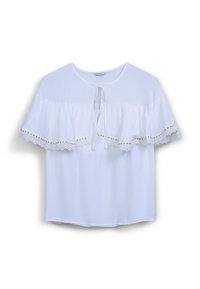 Weiße kurzärmlige Bluse mit einem geschichteten Rüschendesign, verziert mit Spitzenbesatz und goldenen Akzenten. Weicher Stoff mit einem runden Ausschnitt und Bindeband.