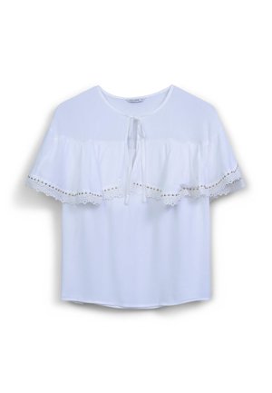 Blusa bianca a maniche corte con un design a strati e volants, rifinita con pizzo e dettagli dorati. Tessuto morbido con scollatura rotonda e chiusura a fiocco.