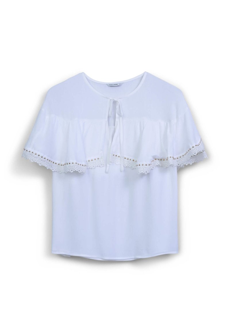 Weiße kurzärmlige Bluse mit einem geschichteten Rüschendesign, verziert mit Spitzenbesatz und goldenen Akzenten. Weicher Stoff mit einem runden Ausschnitt und Bindeband.