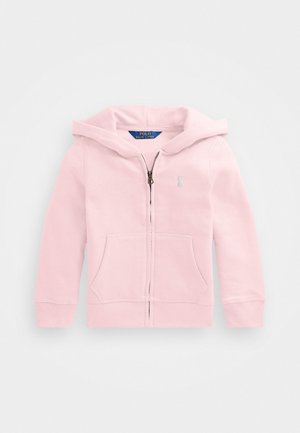 Felpa rosa chiaro con zip, cappuccio, tasche frontali e un piccolo logo di cavallo. Realizzata in tessuto morbido con una texture liscia e polsini a coste.