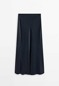 Jupe midi noire avec un léger évasement et une texture lisse sur un fond blanc uni.