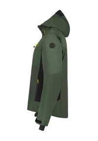 Giacca da esterno verde con cappuccio, dettagli neri, due tasche con zip e tirazip gialli. Realizzata in tessuto testurizzato e resistente alle intemperie.
