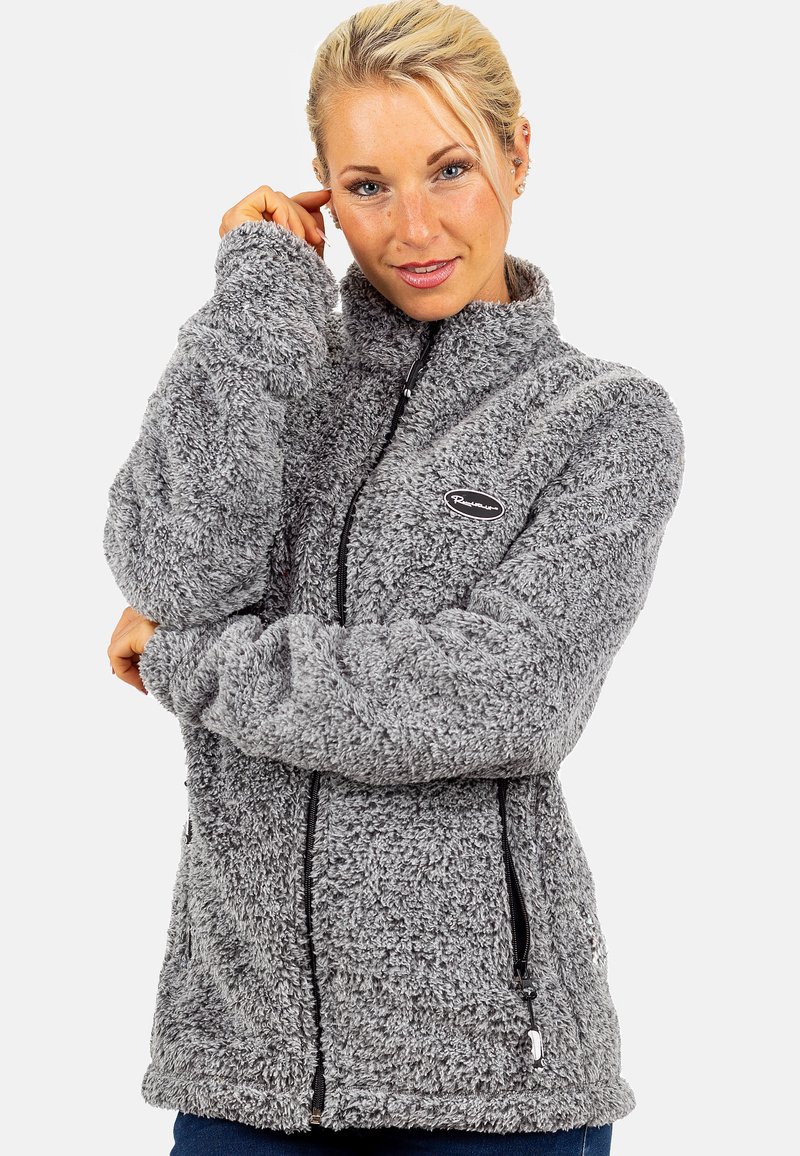 Gray fleece jacket with high collar, zippered front, two side pockets, and textured fabric. Features logo patch on the chest.