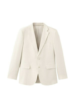 Kremowa marynarka na jeden guzik z klapami z wycięciem, dwoma przednimi kieszeniami z klapkami, jedną kieszenią na piersi i zapięciem na dwa guziki.