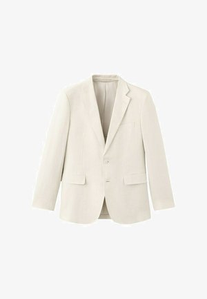 Kremowa marynarka na jeden guzik z klapami z wycięciem, dwoma przednimi kieszeniami z klapkami, jedną kieszenią na piersi i zapięciem na dwa guziki.