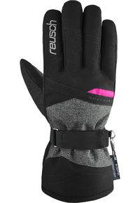 Sort isoleret handske med softshell og mønstret gråt stof. Har pink detaljer og justerbar håndledsrem med klips for en sikker pasform.