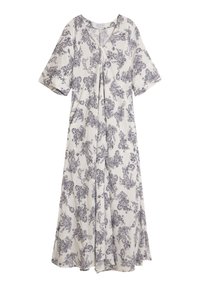 Hvit kjole med blå paisley-mønster, kortermet, V-hals og flytende silhuett. Laget av lett, strukturert stoff.