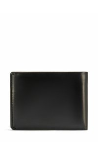 Czarny skórzany portfel o gładkiej fakturze, prostokątnym kształcie i minimalistycznym designie. Posiada wzmocnione przeszycia wzdłuż krawędzi.