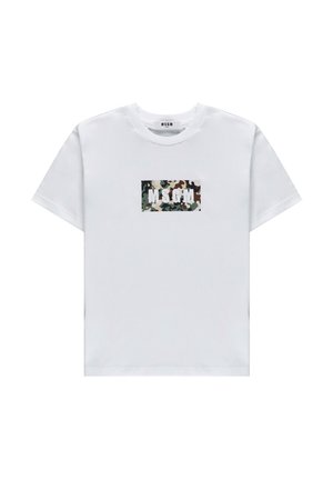 T-shirt bianca a maniche corte con un logo rettangolare mimetico verde, marrone e nero con la scritta "MSGM" al centro del petto.