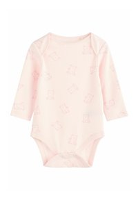 Langärmliger Baby-Body aus weichem rosa Baumwollstoff mit hellrosa Teddybaum-Print, ausgestattet mit Druckknöpfen im unteren Bereich für ein einfaches Ankleiden.