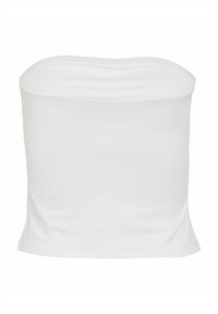 Top bianco senza spalline realizzato in tessuto liscio e elastico. Presenta un scollo rotondo e un design aderente e senza cuciture. Nessun sistema di chiusura o motivo visibile.