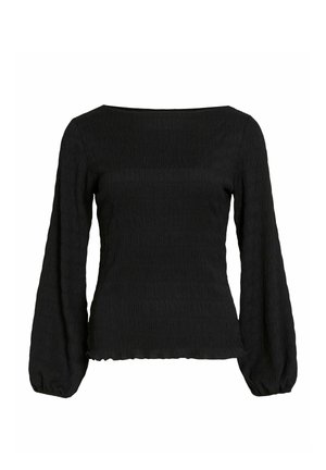 Svart langermet topp med firkantet utringning, laget av teksturert stoff og med rynkede mansjetter. Designet er innsvinget ved midjen.